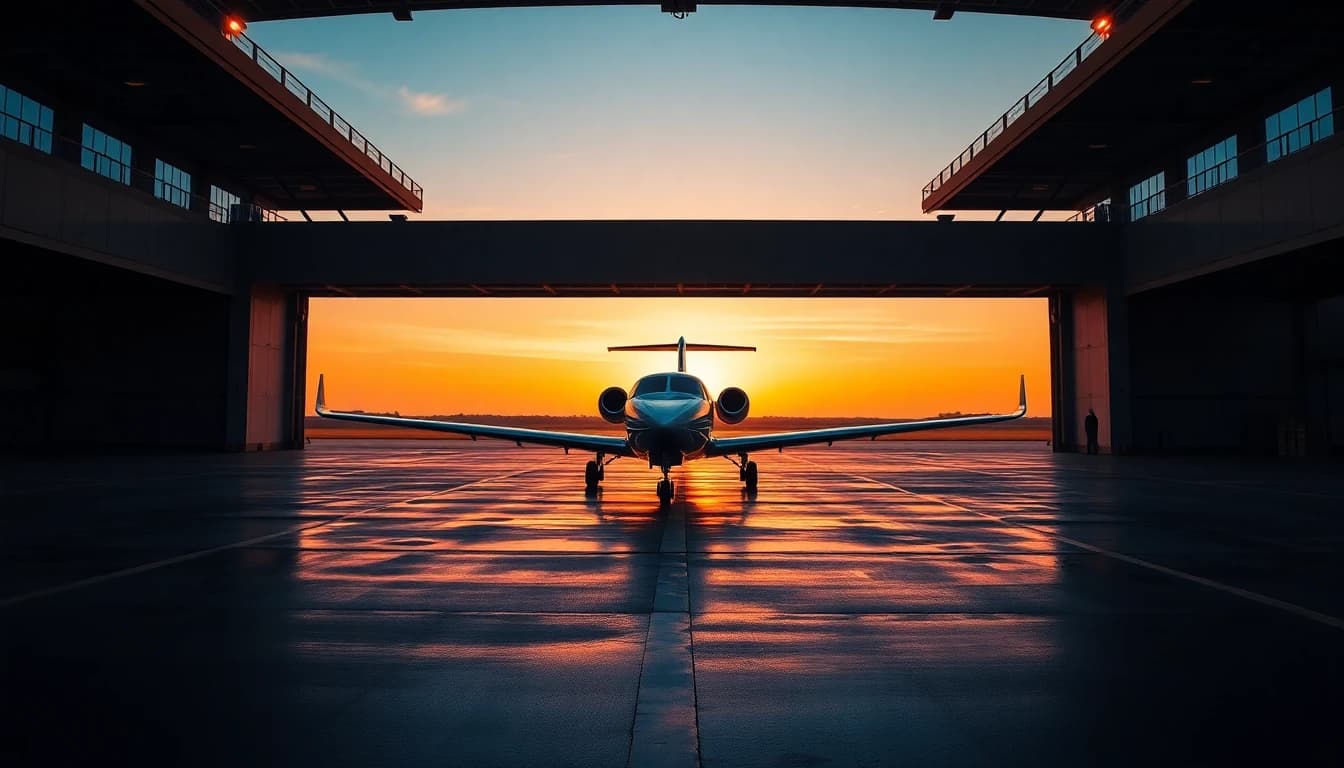 Hangar at sunset with aircraft silhouette